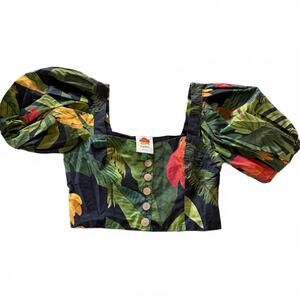 FARM RIO Cocoa Forest tropical print button-down puff-sleeve crop top SZ S